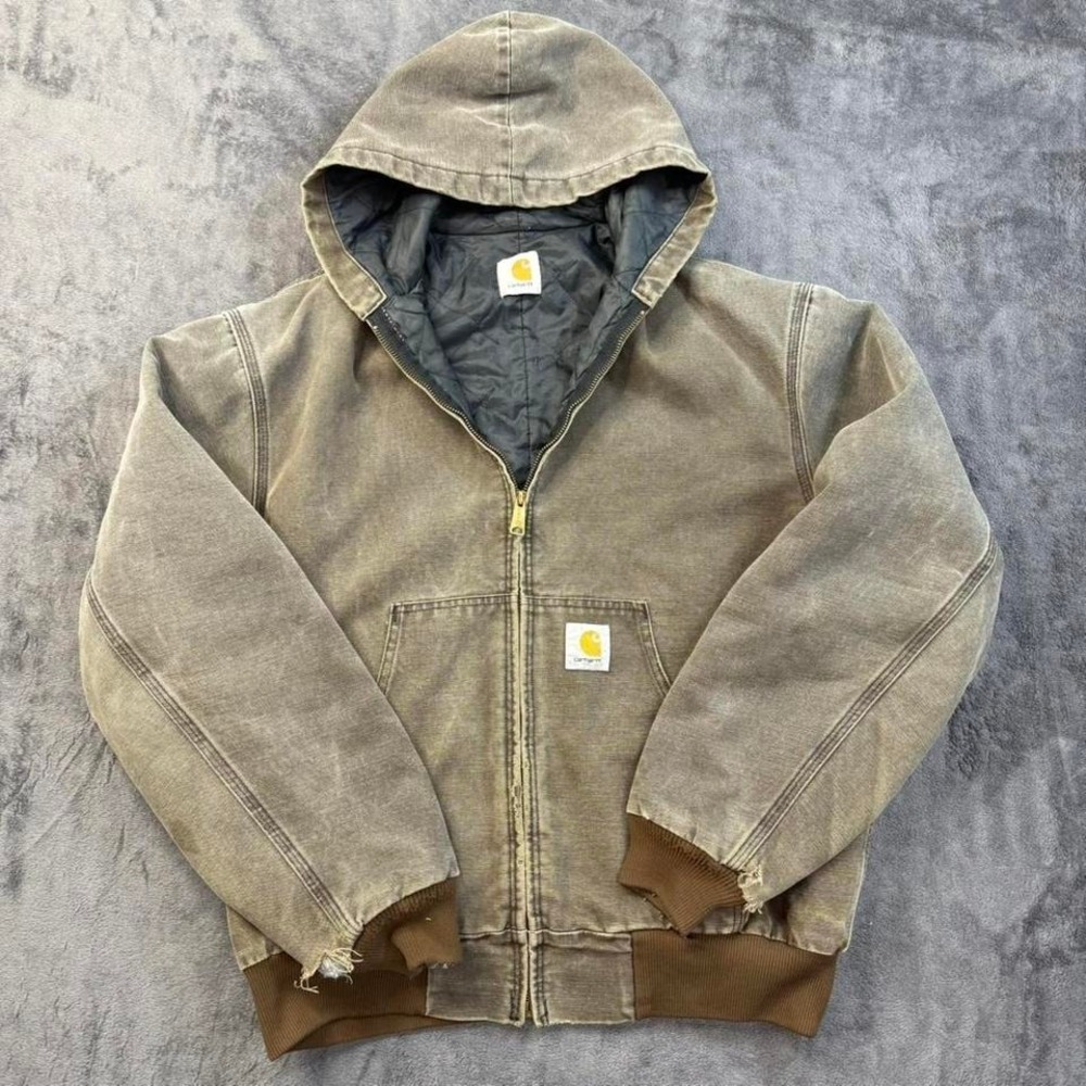 Carhartt Jacket Mens Large Brown Faded Duck Canvas Quilted Hood